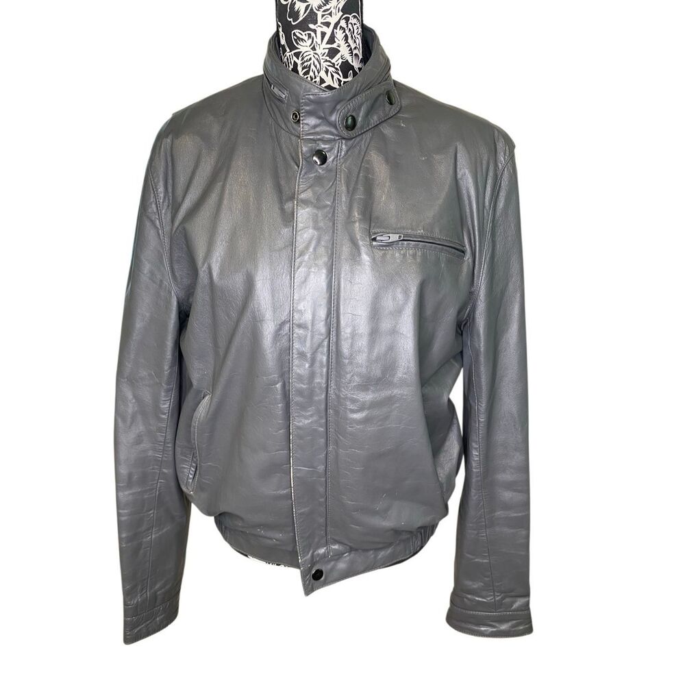 Bermans Vintage Gray Leather Bomber Jacket Removable Liner Motorcycle Coat